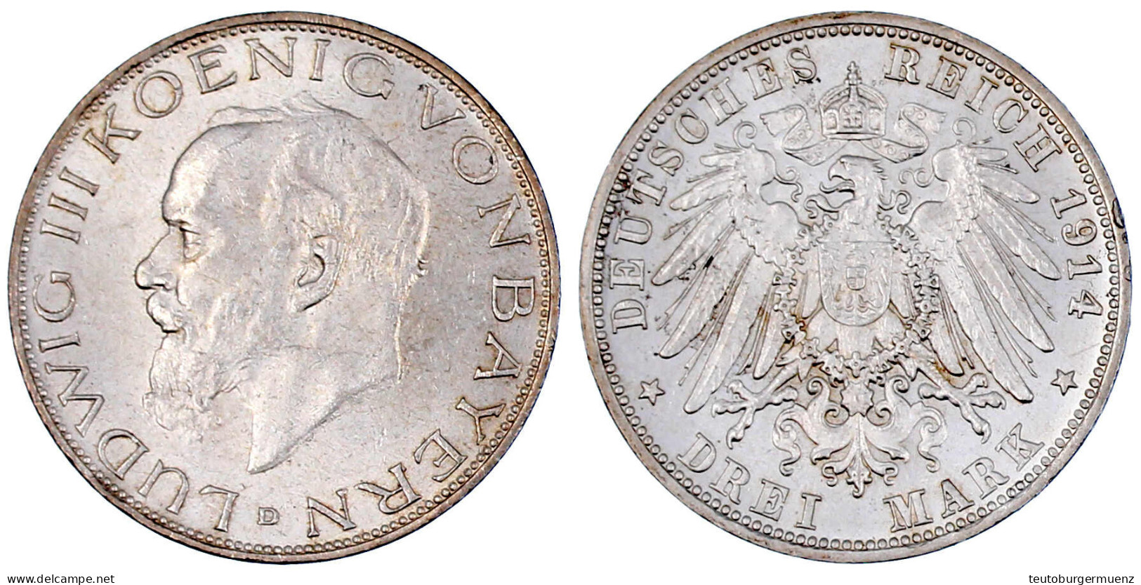 3 Mark 1914 D. Fast Stempelglanz/Erstabschlag (Polierte Platte ?), Kl. Randfehler. Jaeger 52. - 2, 3 & 5 Mark Plata