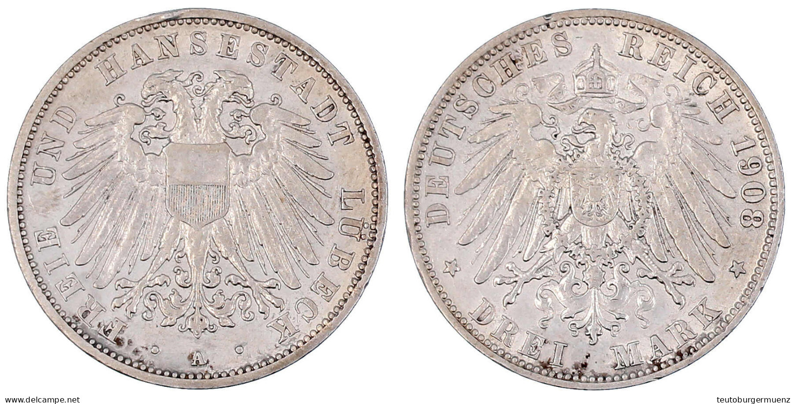 3 Mark 1908 A. Sehr Schön/vorzüglich, Randfehler. Jaeger 82. - 2, 3 & 5 Mark Argent