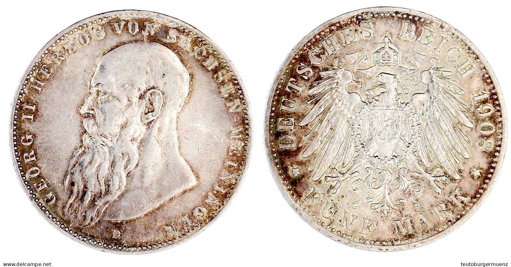 5 Mark 1908 D. Kurzer Bart. Sehr Schön/vorzüglich, Kl. Kratzer. Jaeger 153 B. - 2, 3 & 5 Mark Argent