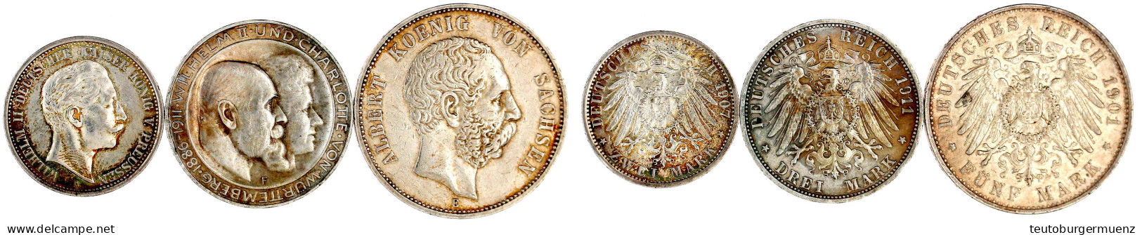 3 Stück: Preussen 2 Mark 1907, Sachsen 5 Mark 1901, Württemberg 3 Mark 1911 Silberhochzeit. Fast Sehr Schön Bis Vorzügli - 2, 3 & 5 Mark Argent