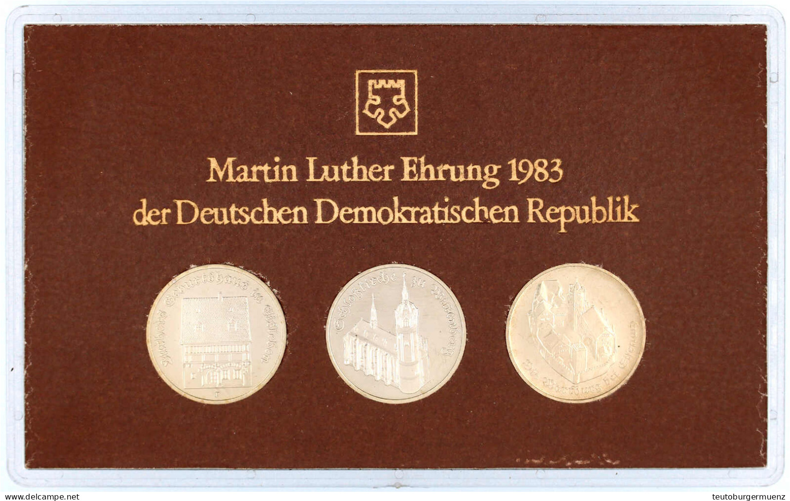 Themensatz "Martin-Luther-Ehrung" 1983. Schloßkirche, Wartburg 1983 (!) Und Luthers Geburtshaus In Hartplastik Mit Braun - Autres & Non Classés