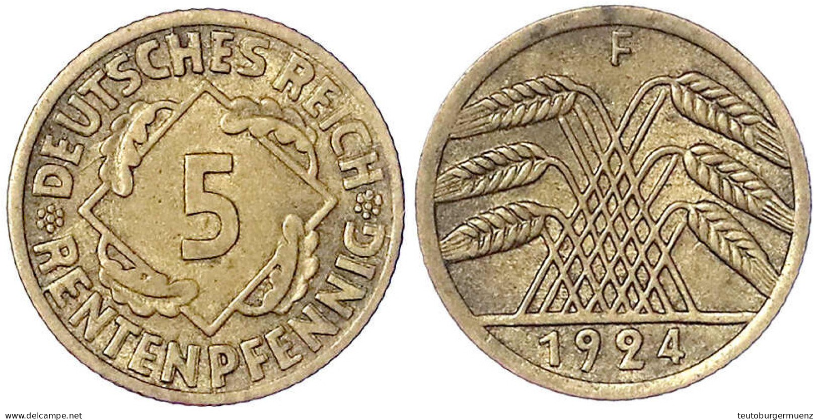 5 Rentenpfennig 1924 F, Mit Versetztem Doppelschlag Der Wertseite (besonders Markant Bei Der Umschrift). Sehr Schön, Sel - Autres & Non Classés