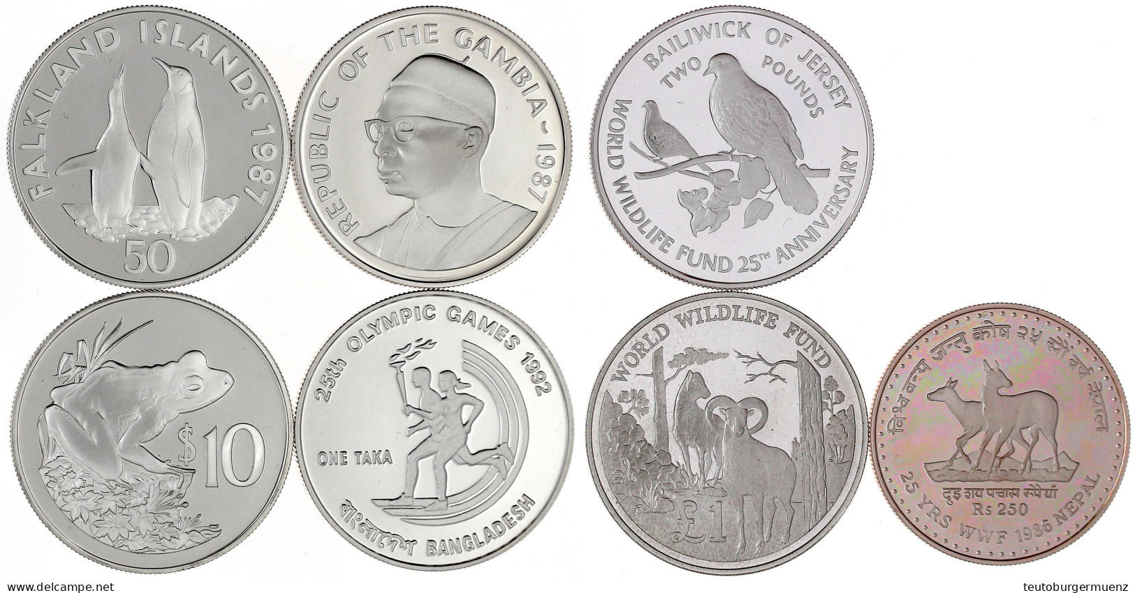 7 Silbergedenkmünzen Aus 1986 Bis 1992. Davon 6 Mit Tiermotiven U.a. Fiji, Gambia, Nepal, Etc. In Kapseln. Polierte Plat - Collections