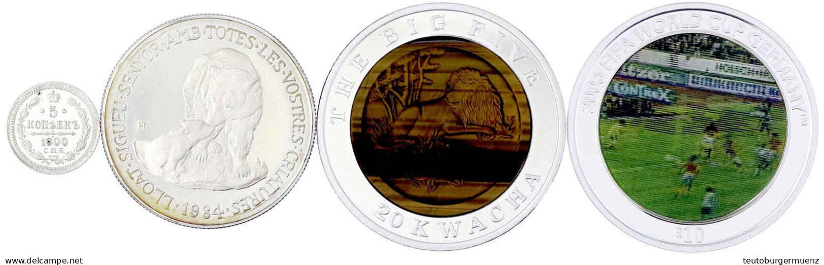 4 Silbermünzen: Andorra 20 D. 1984 Kantabrische Braunbären; Salomonen 10 Dollars 2005 Zur Fußball-WM 2006 (Kippbild Als  - Collections