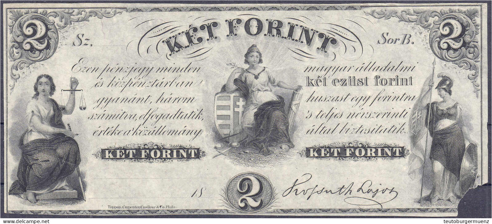 2 Forint 18?? (die Letzten Beiden Ziffern Unausgefüllt, Ausgegeben 1852). Serie B. III, Kl. Fehlstelle Rechts Am Rand. P - Ungheria