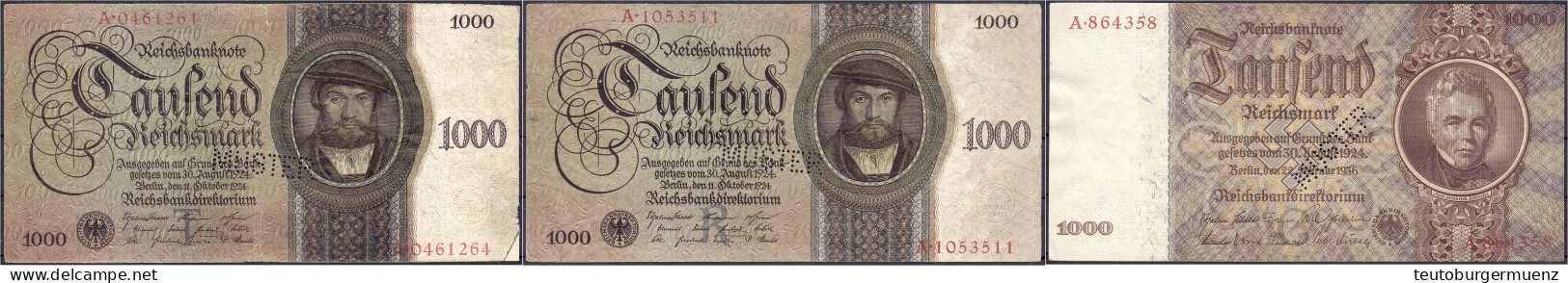 3 Scheine Zu 2x 1000 Reichsmark 11.10.1924. Serie A, Udr.-Bst R U. T Und 1x 1000 Reichsmark 22.2.1936. Alle Mit Perforat - Autres & Non Classés