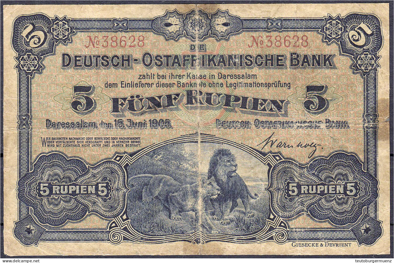 5 Rupien 15.6.1905. Kolonialbanknote, Löwenpaar In Der Savanne. IV, Hinterklebt. Rosenberg 900. Grabowski. DOA-1. Pick 1 - Altri & Non Classificati