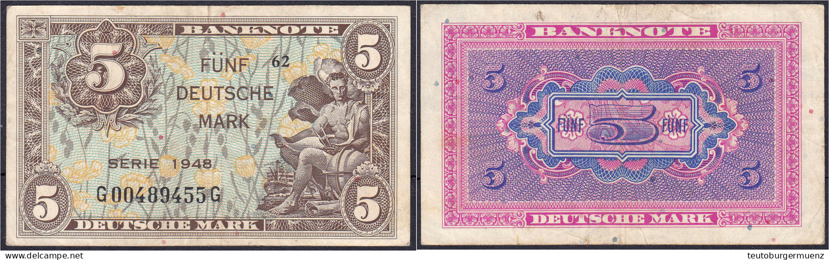 5 Deutsche Mark Austauschnote, Serie 1948. Kennbuchst. G, Serie G (Patte 62). III, äußerst Selten. Rosenberg 236b. Grabo - Autres & Non Classés