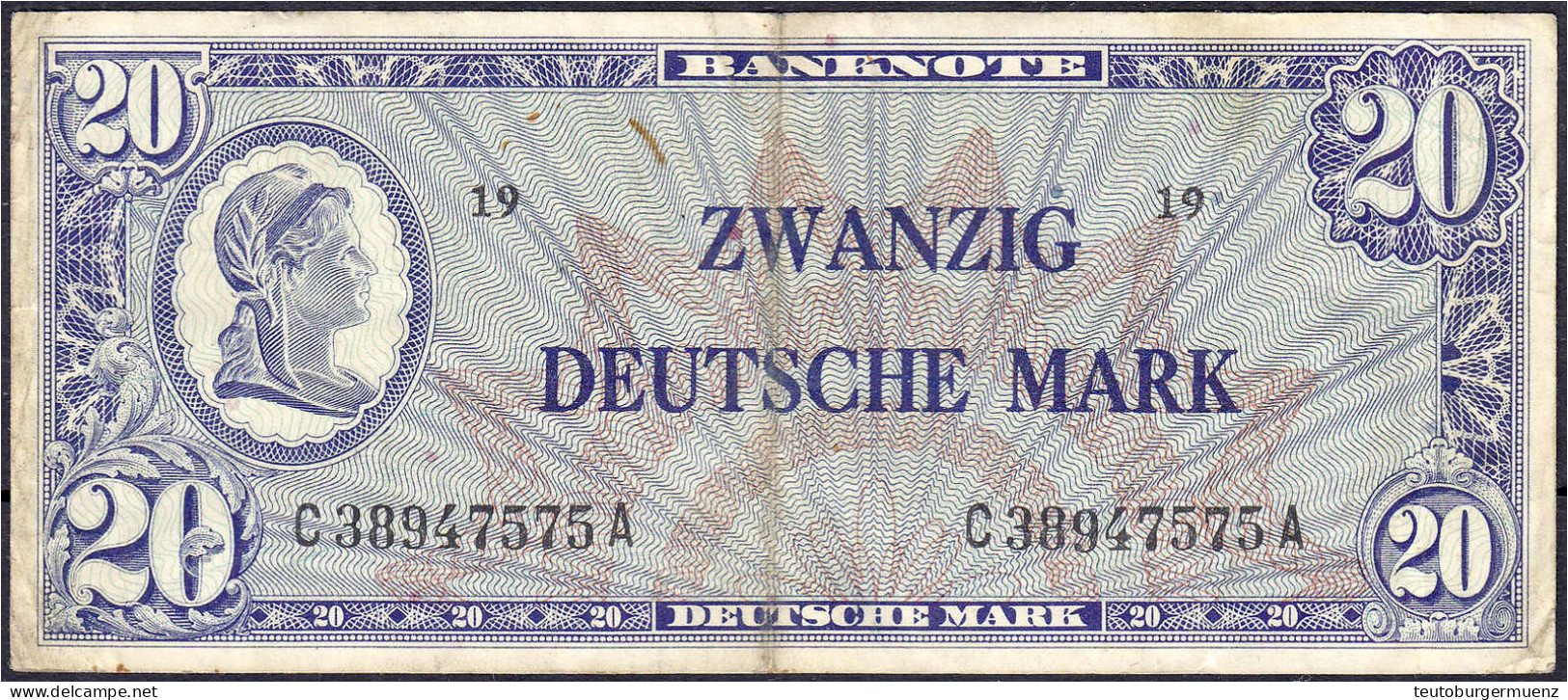 20 Deutsche Mark (Liberty) O.D. (1948). Kenn-Bst./Serie, C/A. Platte 19. III-IV, Selten. Rosenberg 246a. Grabowski. WBZ- - Autres & Non Classés