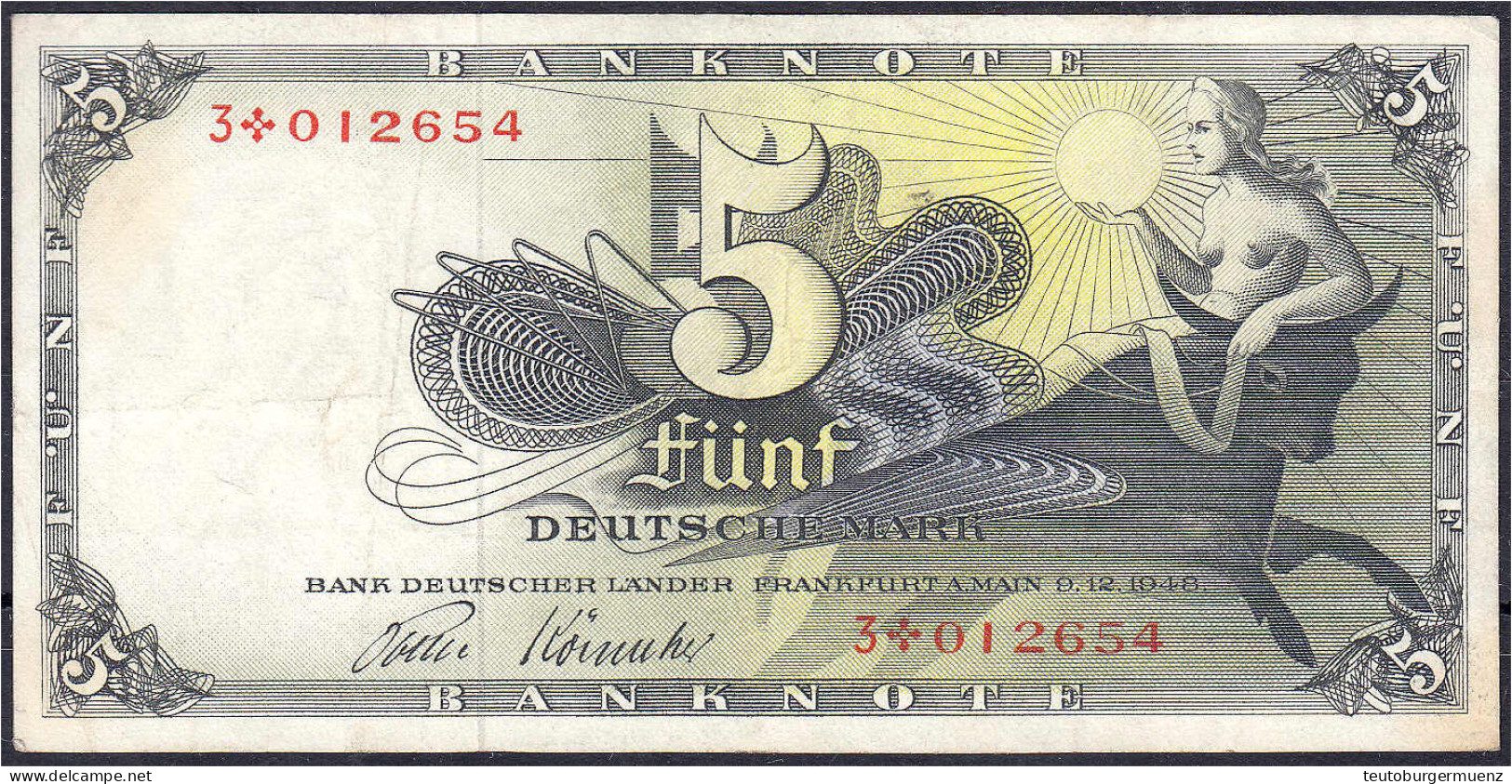 5 Deutsche Mark Austauschnote 9.12.1948. Serie 3 Mit Kreuzstern Vor Der KN. III+, Selten. Rosenberg 252e. Grabowski. BRD - Autres & Non Classés