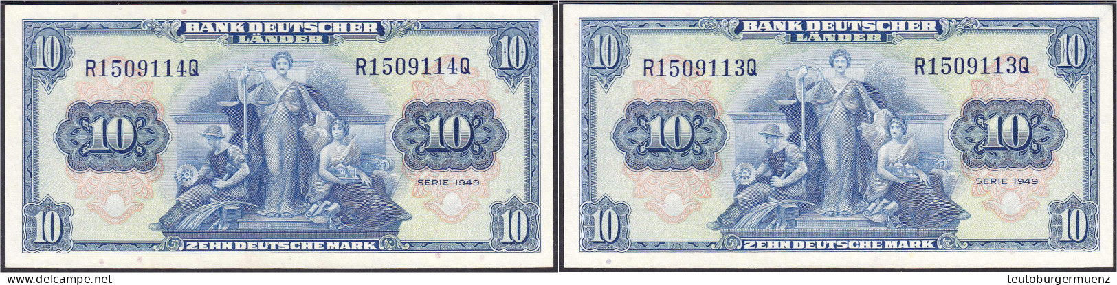 2x 10 Deutsche Mark 22.8.1949. Folge KN. R1509113Q - R1509114Q. PMG 58 Choice About Unc EPQ. Rosenberg 258. Grabowski. B - Altri & Non Classificati