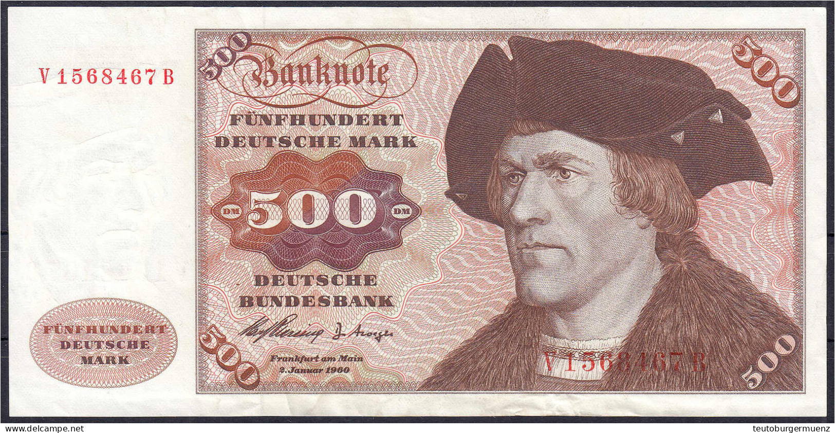 500 Deutsche Mark 2.1.1960. Serie V/B. III, Selten. Rosenberg 267a. Grabowski. BRD-11a. Pick 23. - Altri & Non Classificati