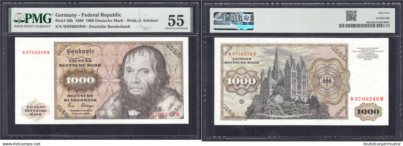 1000 Deutsche Mark 2.1.1980. Serie W/M. PMG Grading 55 About Uncirculated. Rosenberg 291a. Grabowski. BRD-35a. Pick 36b. - Autres & Non Classés