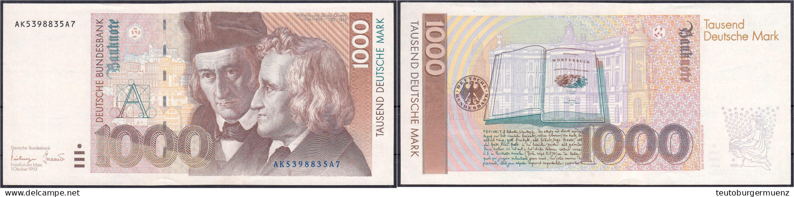 1000 Deutsche Mark 1.10.1993 Serie AK/A. II. Rosenberg 308a. Grabowski. BRD-52a. - Altri & Non Classificati