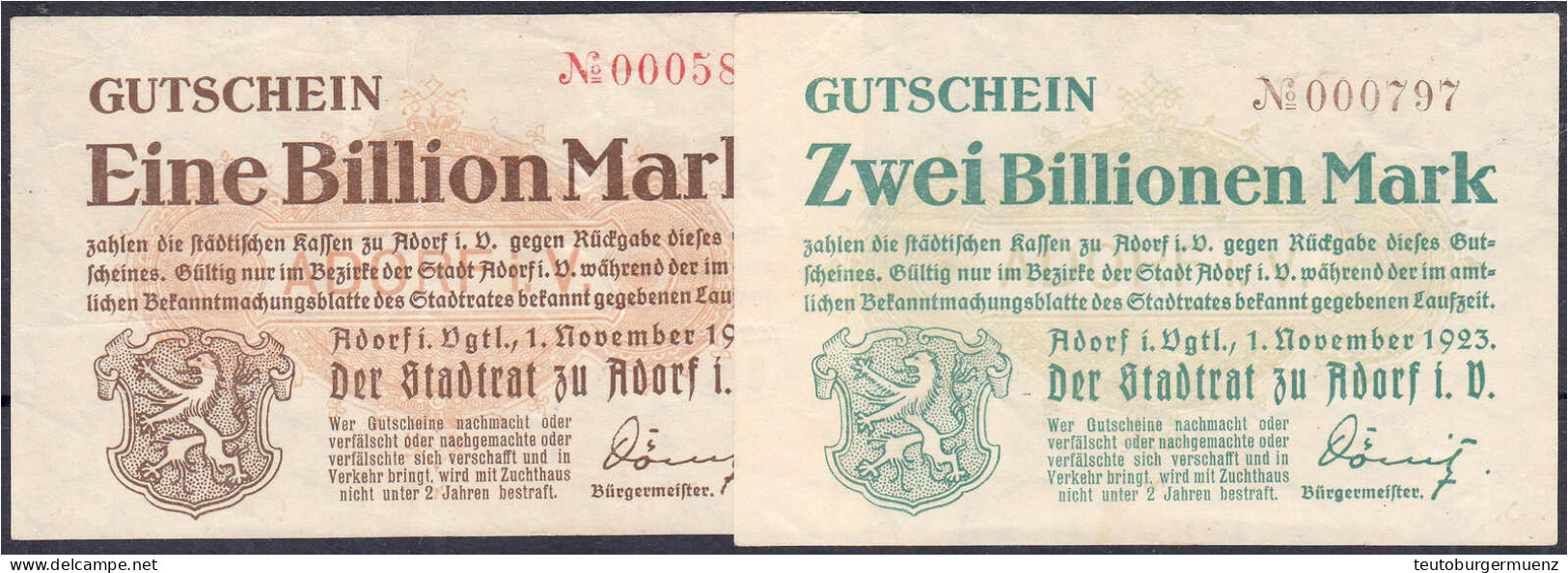 Stadt, 1 Und 2 Bio. Mark 1.11.1923. Wz. Gitter. II U. III. Dießner. 003. 1, 2. - [11] Emissioni Locali