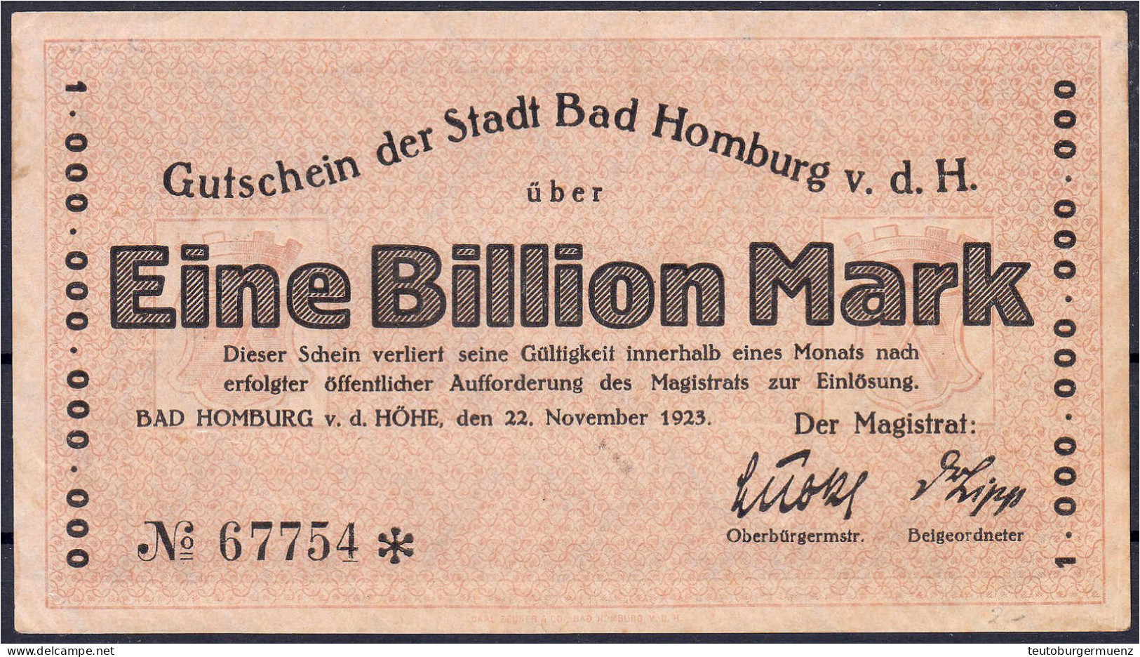 Stadt, 1 Bio. Mark 22.11.1923. I-, Leicht Stockfleckig. Dießner. 348.2. - [11] Emissions Locales