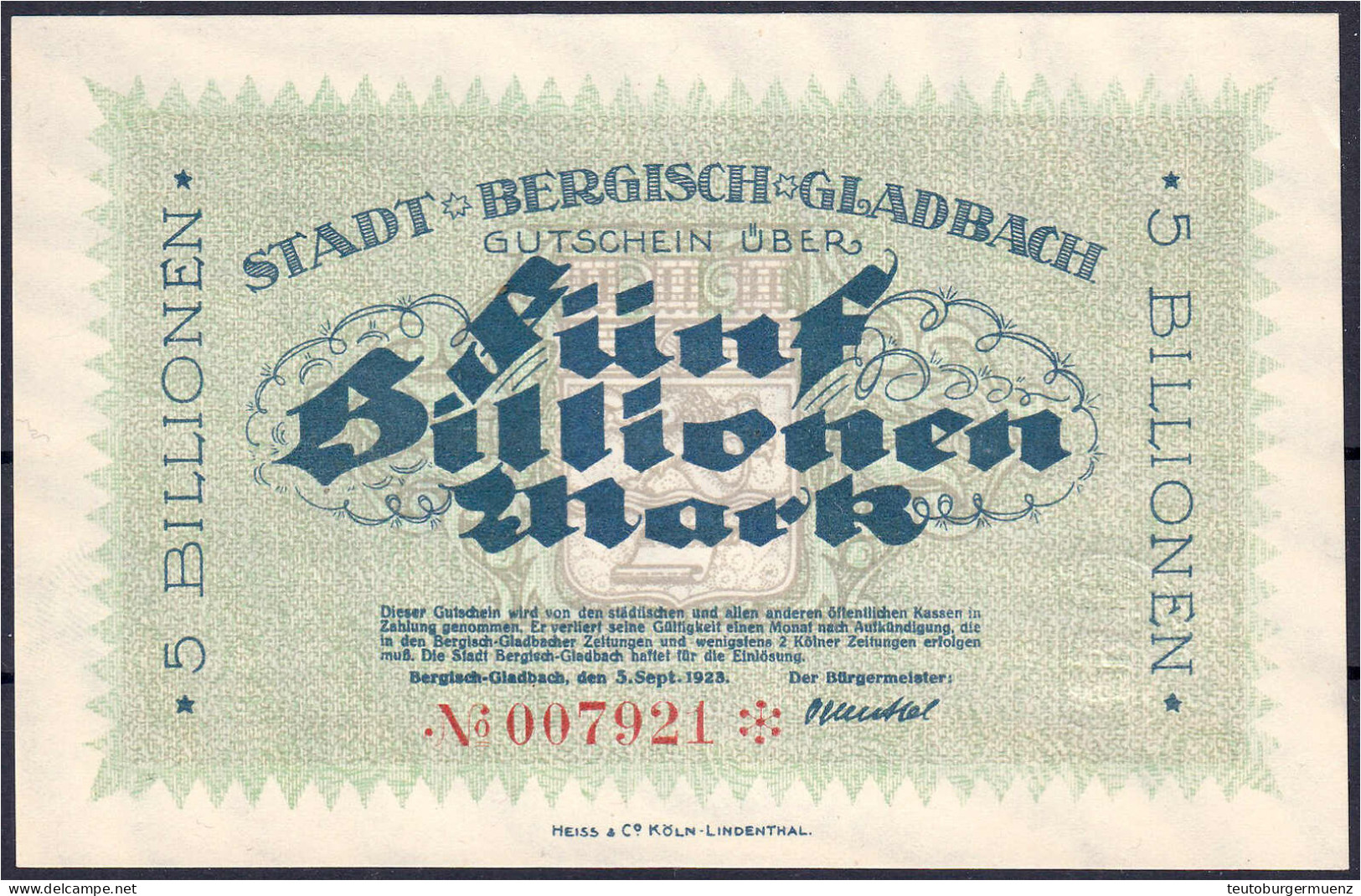 Stadt, 5 Bio. Mark 5.9.1923. Wz. Schleifenkreuz I- Dießner. 051.2. - [11] Emissions Locales