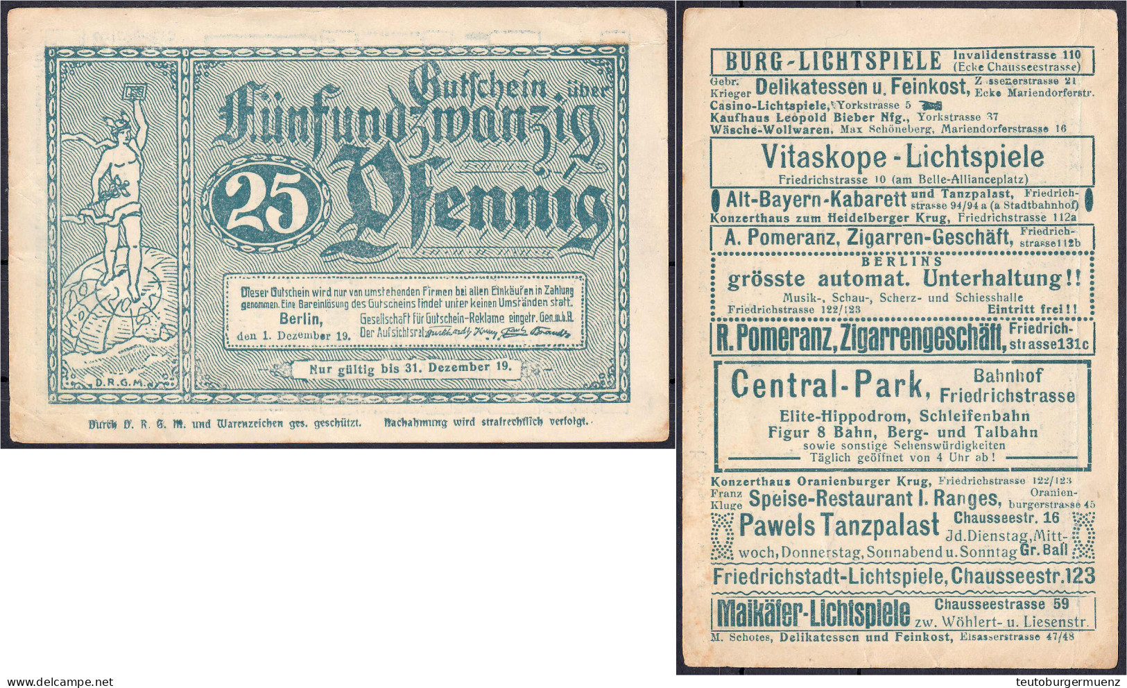 Gesellschaft Für Gutscheinreklame, 25 Pfg. 1.12.1919. Ohne Wz. III. Tieste 0460.090.07. - [11] Emissions Locales