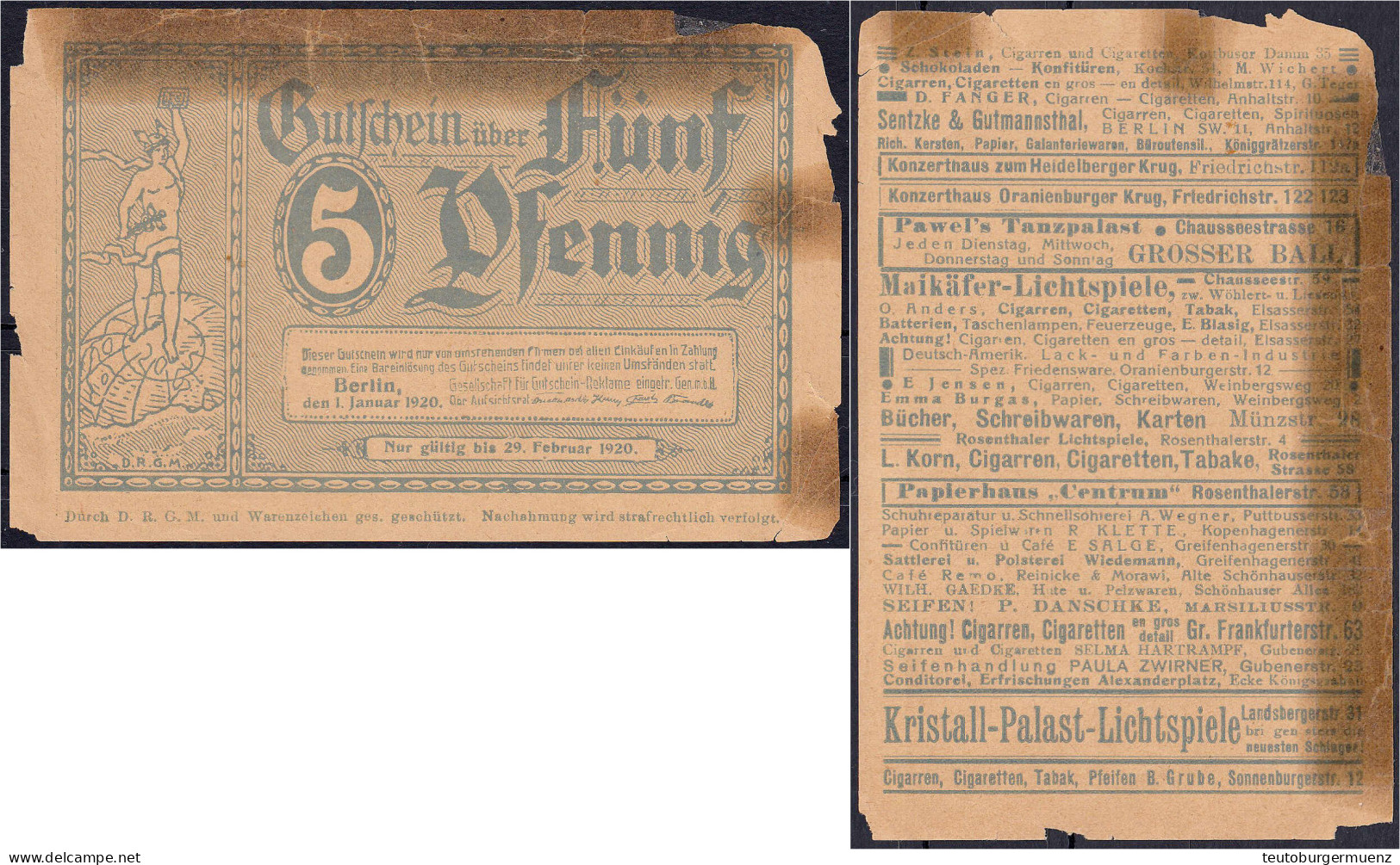 Gesellschaft Für Gutscheinreklame, 5 Pfg. 1.1.1920. Ohne Wz. IV-, Hinterklebt. Tieste 0460.090.10. - [11] Emissions Locales