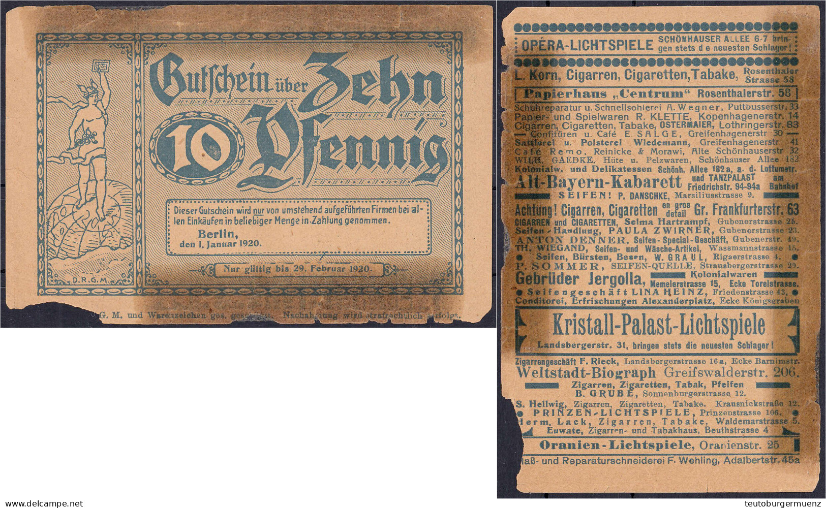 Gesellschaft Für Gutscheinreklame, 10 Pfg. 1.1.1920. Ohne Wz. IV-, Hinterklebt. Tieste 0460.090.11. - [11] Emissions Locales