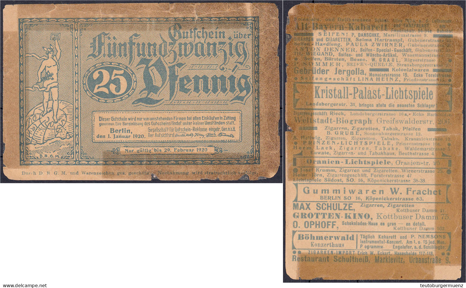 Gesellschaft Für Gutscheinreklame, 25 Pfg. 1.1.1920. Ohne Wz. IV-, Hinterklebt. Tieste 0460.090.12. - [11] Emissions Locales