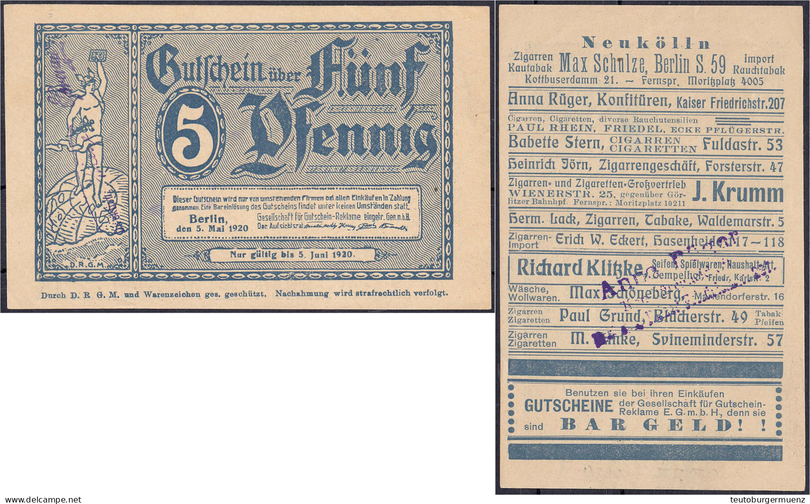 Gesellschaft Für Gutscheinreklame, 5 Pfg. 5.5.1920. Ohne Wz. I-II. Tieste 0460.090.25. - [11] Emissions Locales