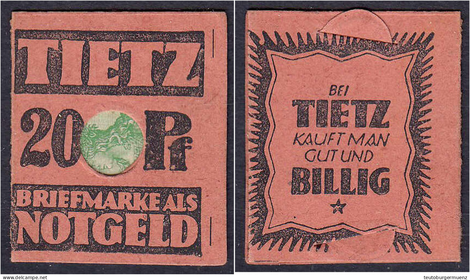 Tietz, 20 Pfg. O.D. Kartonhüllen Mit Briefmarkeneinlage. I- Tieste 0460.260.03. - Lokale Ausgaben