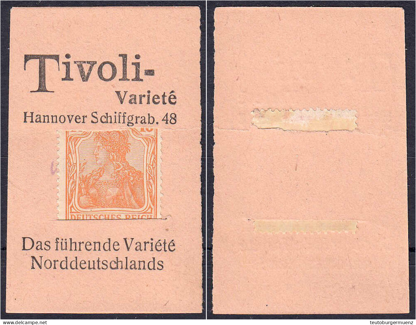 Tivoli-Variete, 10 Pfg. O.D. Karton, Anschrift Hannover Schiffgrab. 48, T Von Tivoli Mit Kopfstriche. II. Tieste 2795.70 - [11] Emissions Locales