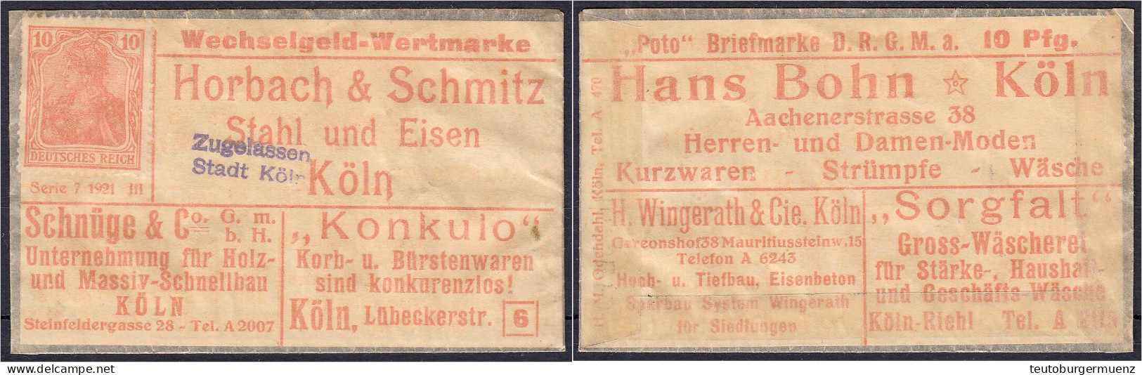 Horbach &amp; Schmitz / Schnüge &amp; Co. G.m.b.H., 10 Pfg. 1921. Port-Briefmarke In Pergaminhülle. II. Tieste 3565.050. - [11] Emisiones Locales