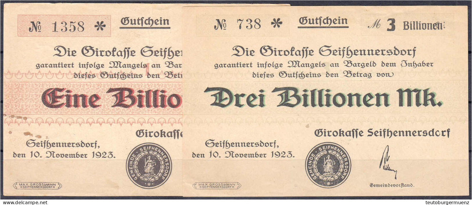 Girokasse, 1 U. 3 Bio. Mark 10.11.1923. Ohne Wz. II. Dießner. 663. 1,3. - Lokale Ausgaben