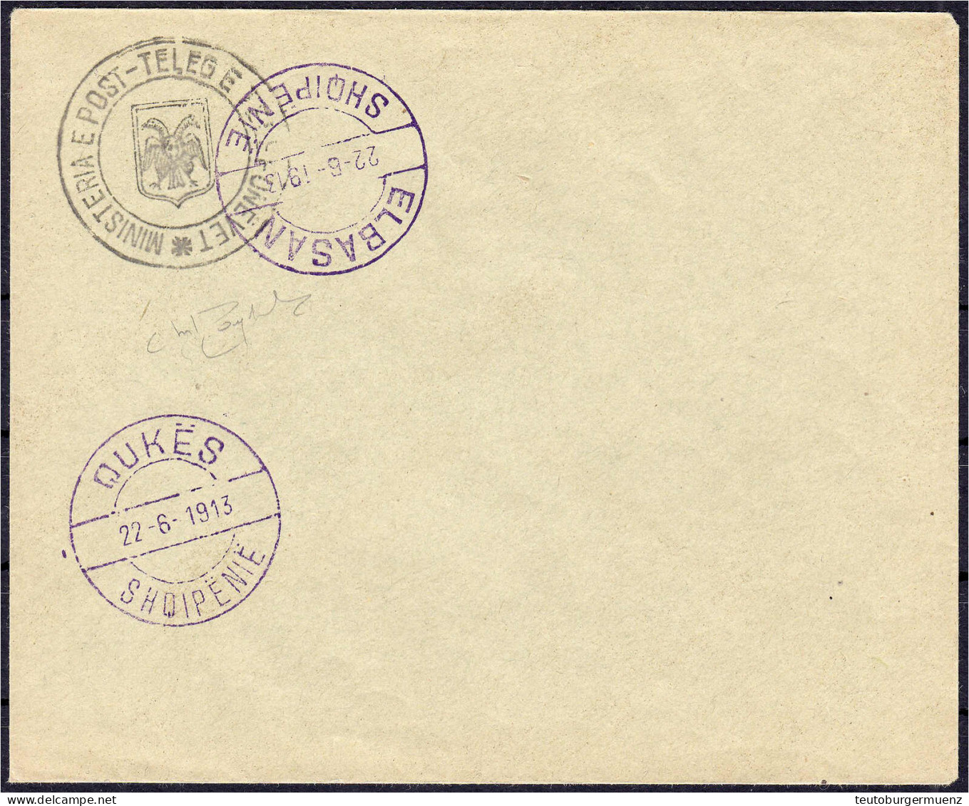 Dienststempel Des Postministeriums Mit Wappen 1913, Sehr Gute Erhaltung, Signiert Raybaudi. Mi. Lose 1.100,-€. Michel 1. - Albanie