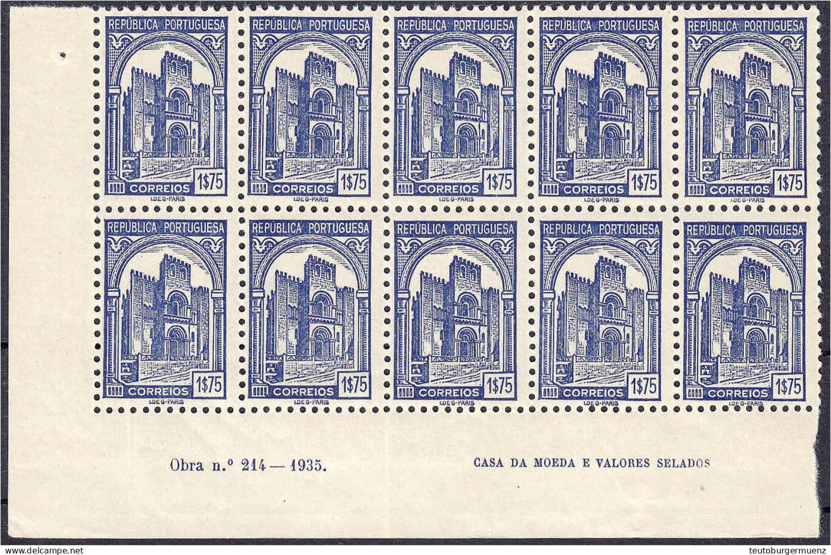 1.75 E Kathedrale Von Coimbra 1935, Postfrischer 10er Eckrand-Viererblock. Mi. 1.600,-€. Michel 589 (10x). - Sonstige & Ohne Zuordnung