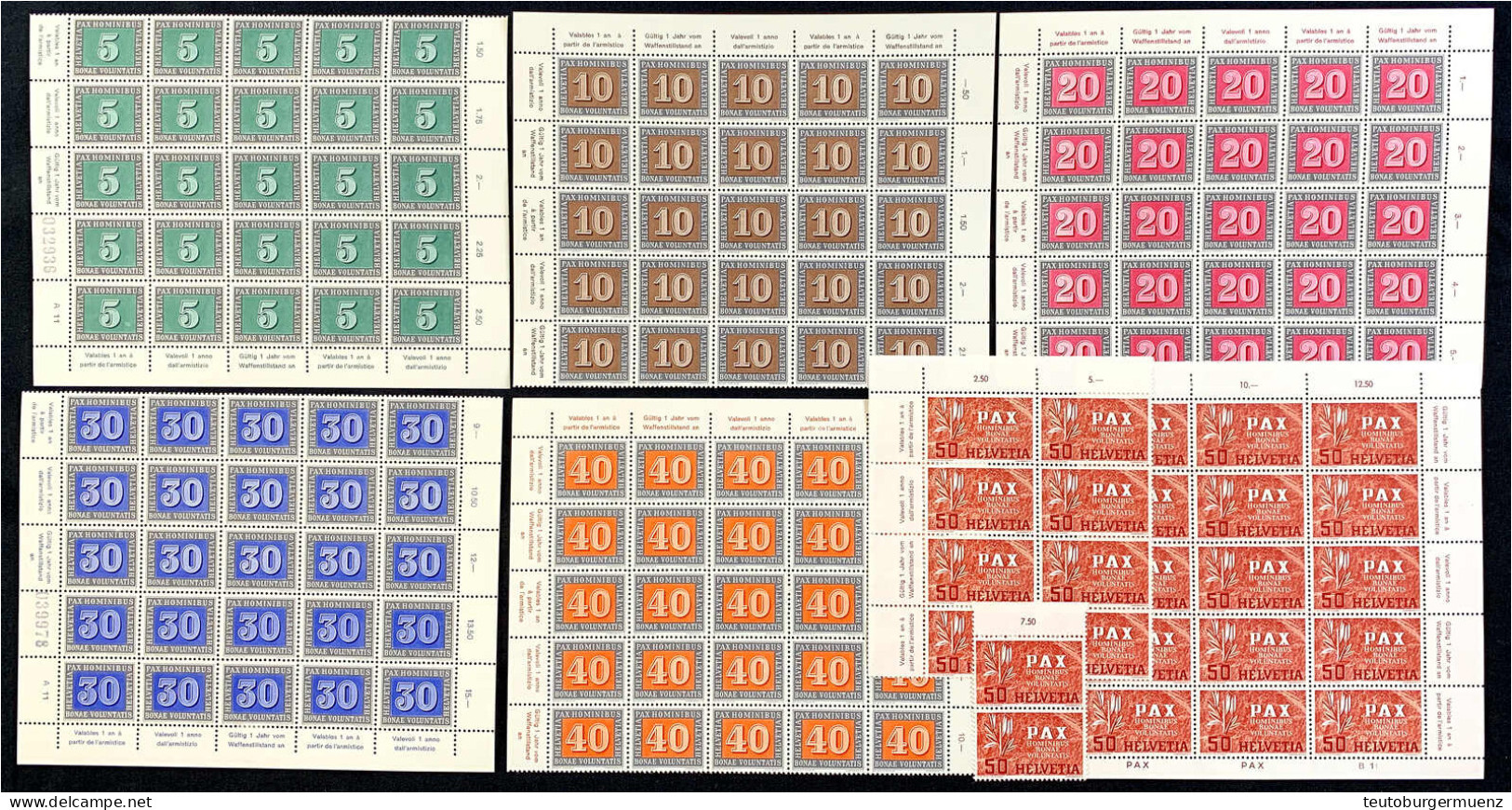 5 C. - 50 C. PAX 1945, Postfrische Einheiten In Luxuserhaltung, Ab 5 C. Bis 40 C. Je Als 25er Einheit, Die 50 C. Als 15e - Autres & Non Classés