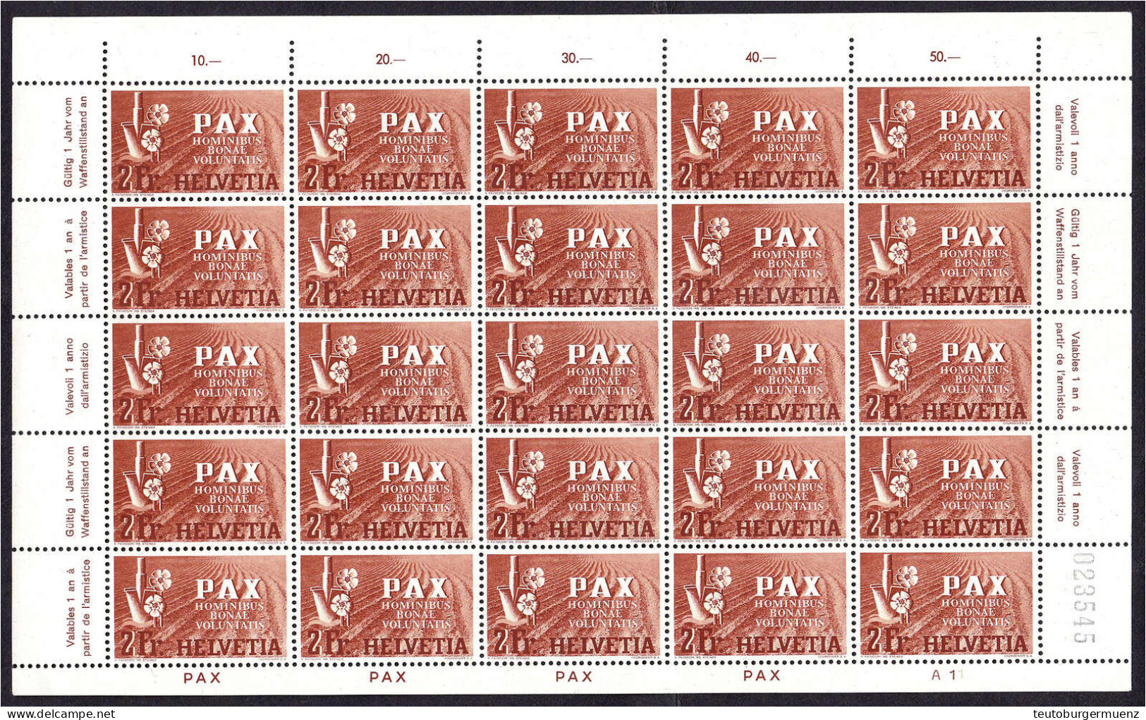 2 Fr. PAX 1945, Kompletter 25er Bogen In Postfrischer Erhaltung. Mi. 1.500,-€. Michel 456 (25x). - Sonstige & Ohne Zuordnung