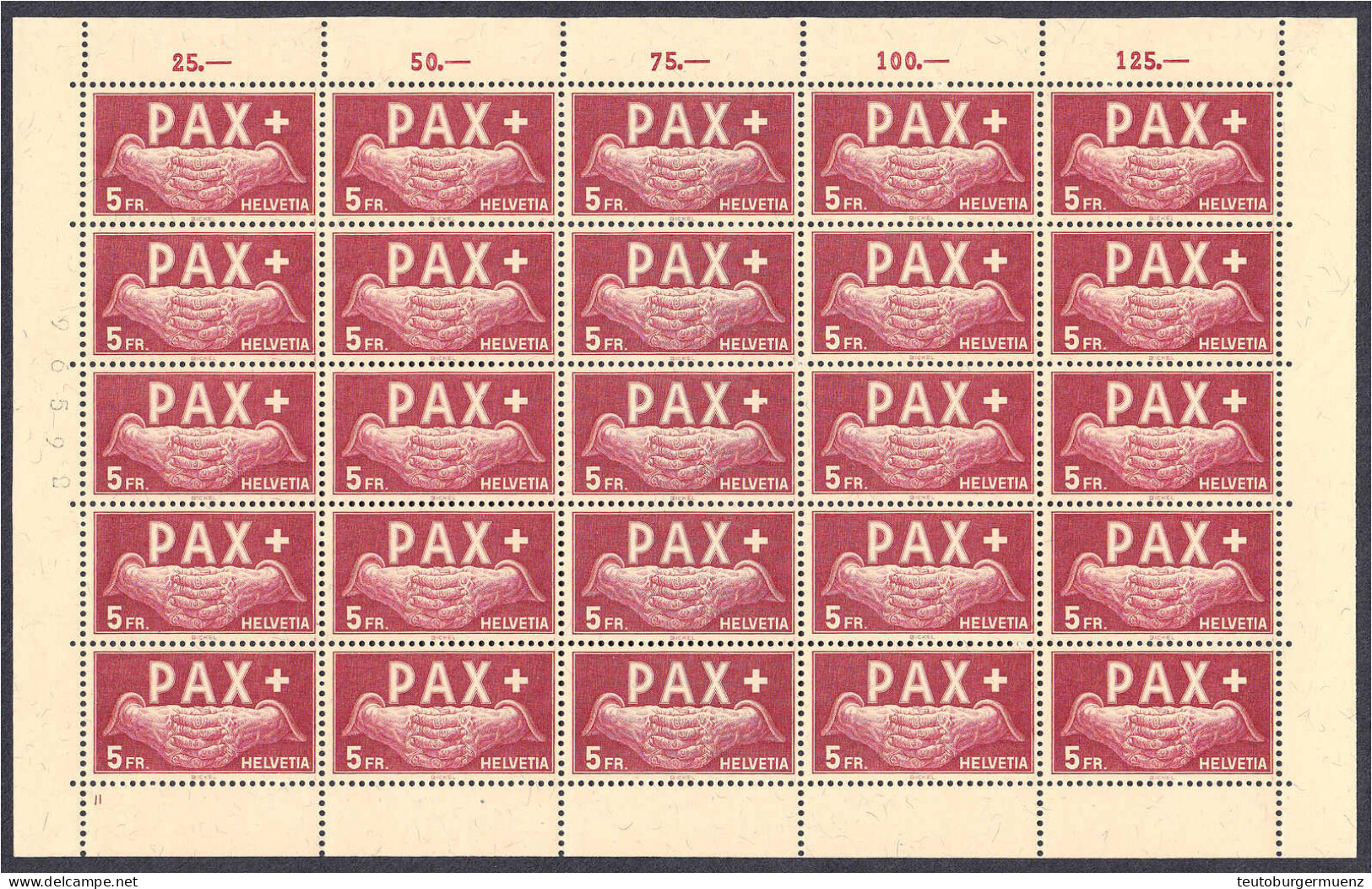 5 Fr. PAX 1945, Kompletter 25er Bogen In Postfrischer Erhaltung. Mi. 3.750,-€. Michel 458 (25x). - Autres & Non Classés