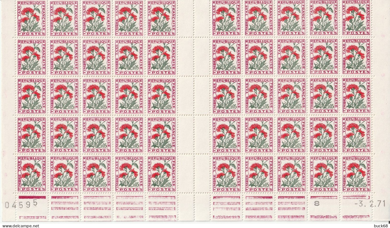 FRANCE Taxe  95 ** MNH Type Fleur Centaure Jacée Bloc De 100 En Coin Daté Du -3. 2.71 Février 1971 - Postage Due