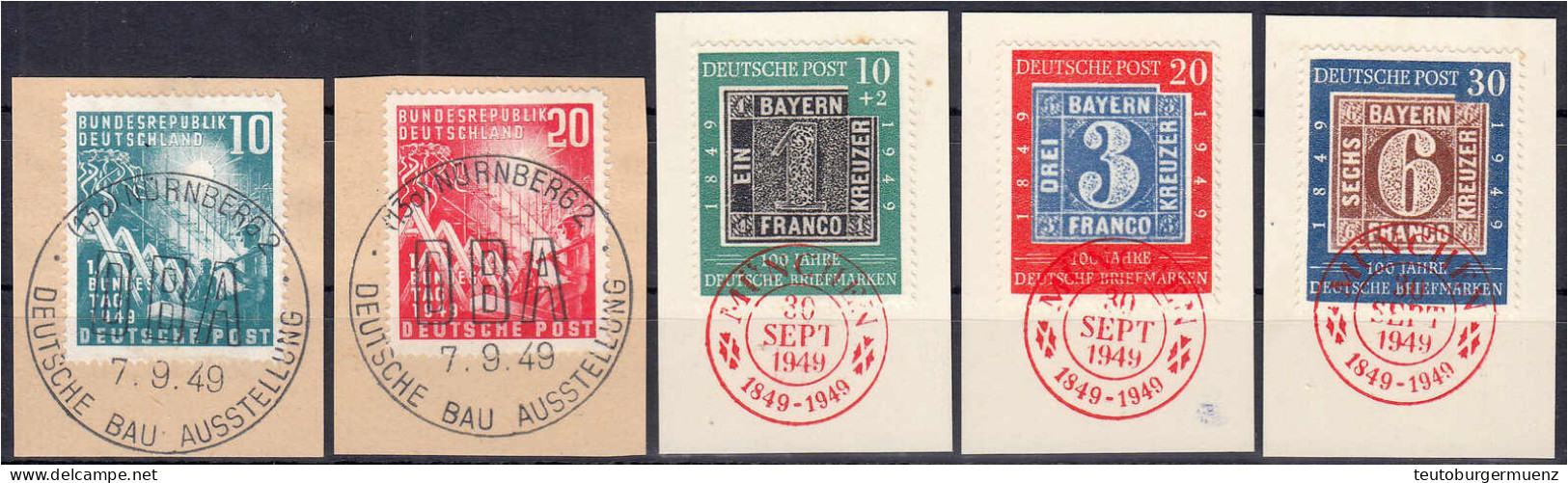 Bundestag Und 100 Jahre Deutsche Briefmarken 1949, Zwei Gestempelte Sätze Je Auf Briefstücken Mit Zentrischen Ersttagsst - Autres & Non Classés