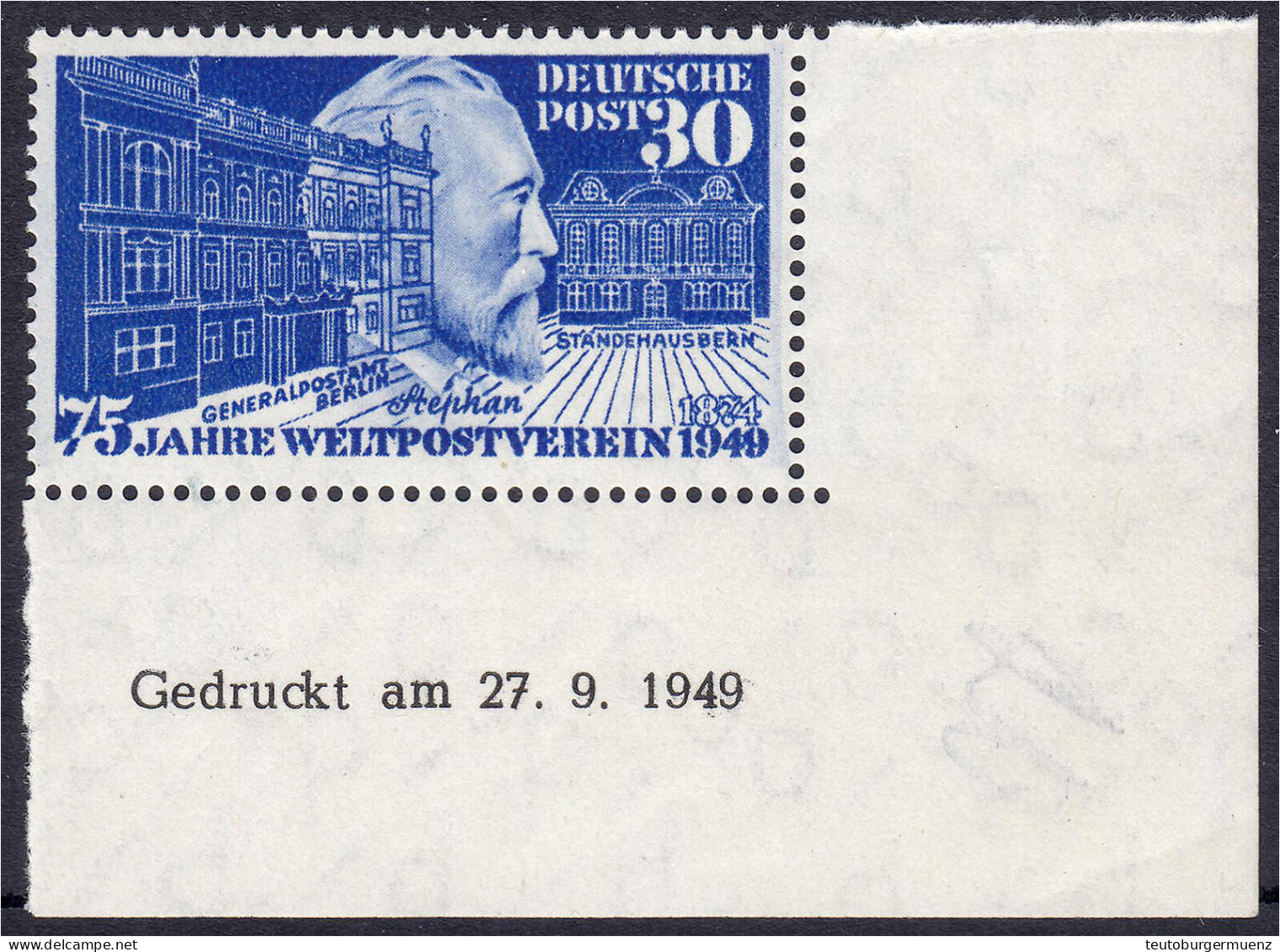 75 Jahre Weltpostverein (UPU) 1949, Postfrische Erhaltung, Rechte Untere Bogenecke Mit Druckdatum ,,27.9.49". Mi. 220,-€ - Autres & Non Classés