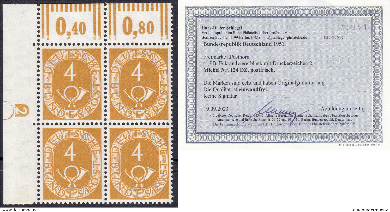 4 Pf. Posthorn 1951, Postfrischer Luxus-Viererblock Aus Der Linken Oberen Bogenecke, Mit Druckerzeichen. Fotobefund Schl - Sonstige & Ohne Zuordnung