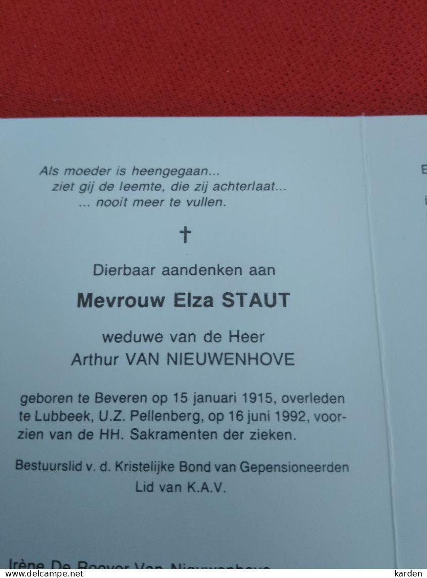 Doodsprentje Elza Staut / Beveren 15/1/1915 Lubbeek 16/6/1992 ( Arthur Van Nieuwenhove ) - Religion & Esotérisme