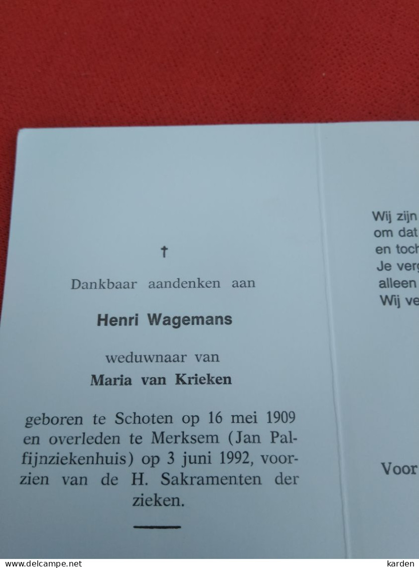 Doodsprentje Henri Wagemans / Schoten 16/5/1909 Merksem 3/6/1995 ( Maria Van Krieken ) - Religion & Esotérisme