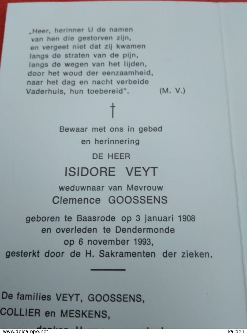 Doodsprentje Isidore Veyt / Baasrode 3/1/1908 Dendermonde 6/11/1993 ( Clemence Goossens ) - Religion & Esotérisme