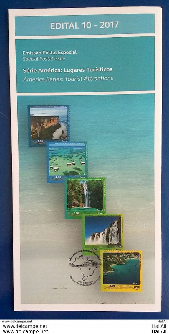 Brochure Brazil Edital 2017 10 Tourist Places Roraima Maragogi Iguacu Waterfall Boat Ship Without Stamp - Storia Postale