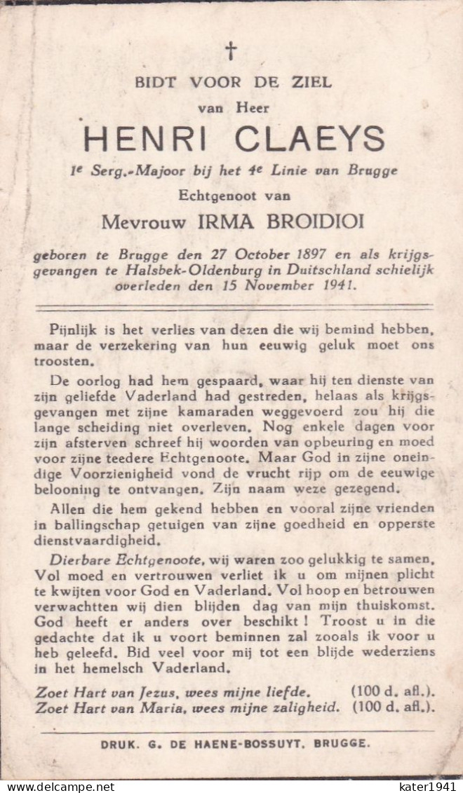 Oorlog 40 45  Claeys Henri X Brodio Irma - ° Brugge 27.10.1897 + Kamp - Halsbeke Oldenburg 15.11.1941 - Religion & Esotérisme