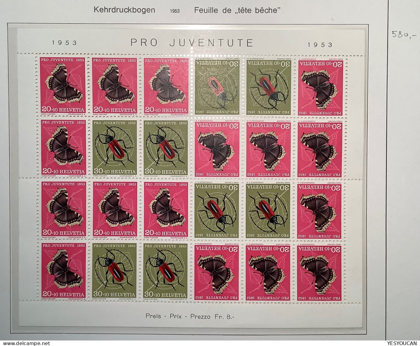 Pro Juventute 1953 ZNr JOZ41 MNH**Kehrdruckbogen (S/S Schweiz Feuille Tête-bêche Papillon Insecte Insect Butterfly Sheet - Unused Stamps