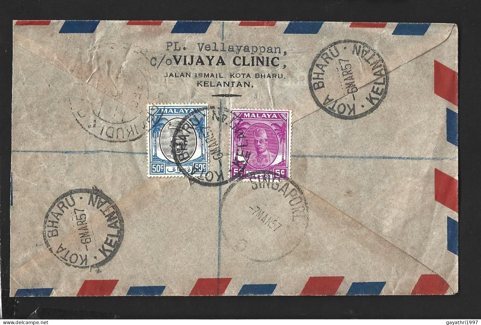 Malaya Kelantan Stamps On Cover From Kota Bharu To India With Registered Post Via Singapore (B72) - Kelantan