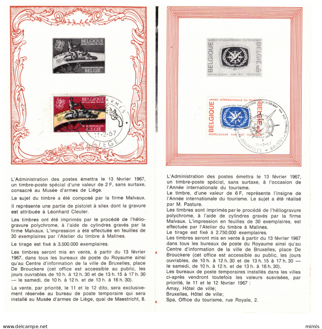 BELGIQUE 1967  N° 1406/07    Musée D'armes De Liège Et Année Internationale Du Tourisme   Oblitération 1er Jour (prévent - Postkantoorfolders