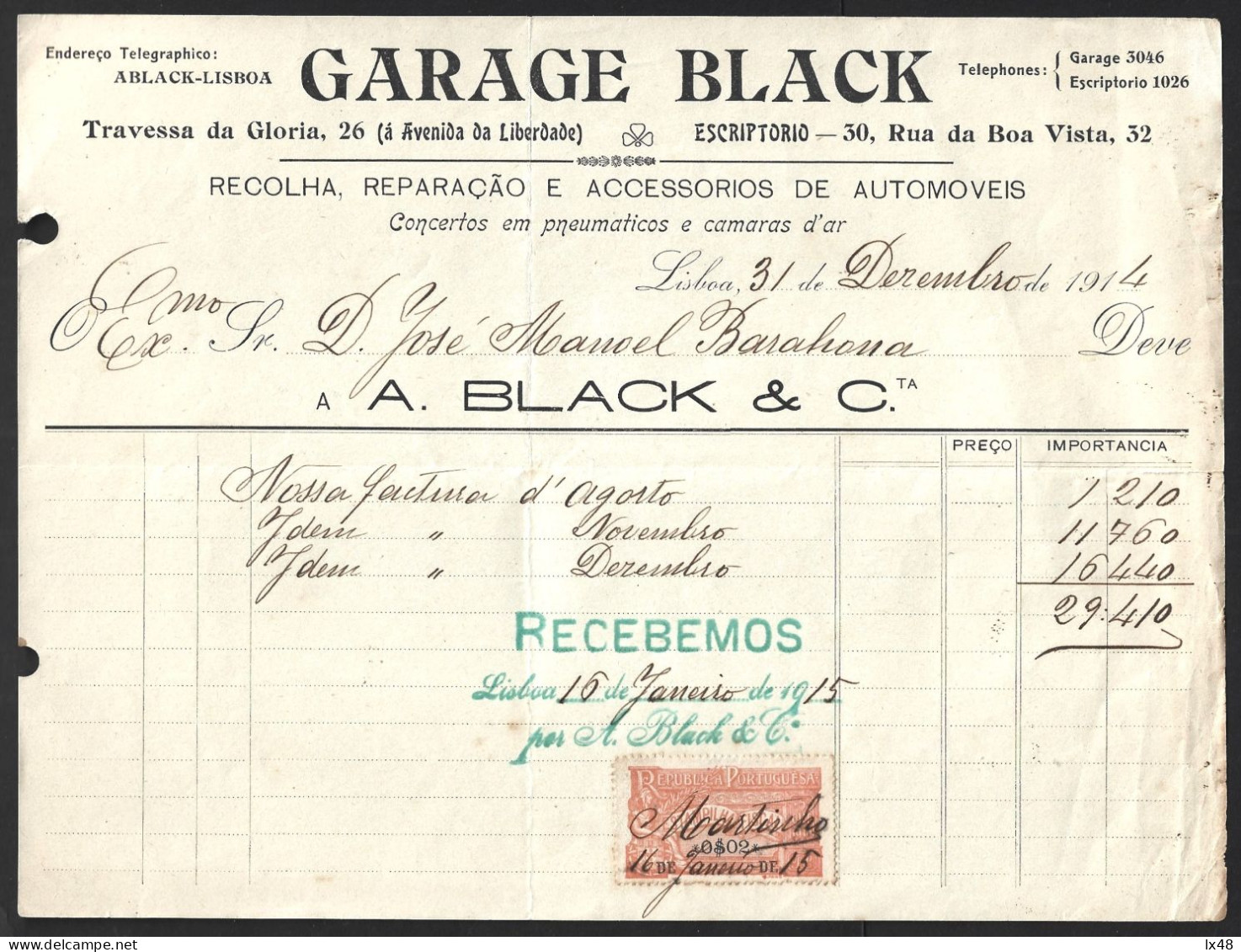 Antigo Recibo Da 'Garage Black' De Automóveis, Lisboa, 1914. Stamp Fiscal $02.Old 'Garage Black' Automobile Receipt, Lis - Portogallo