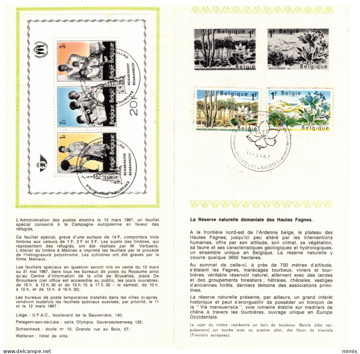 BELGIQUE     1967   N° 1408/12    Campagne Européenne Réfugiés Et Conservation Nature   Oblitération 1er Jour (prévente) - Post Office Leaflets