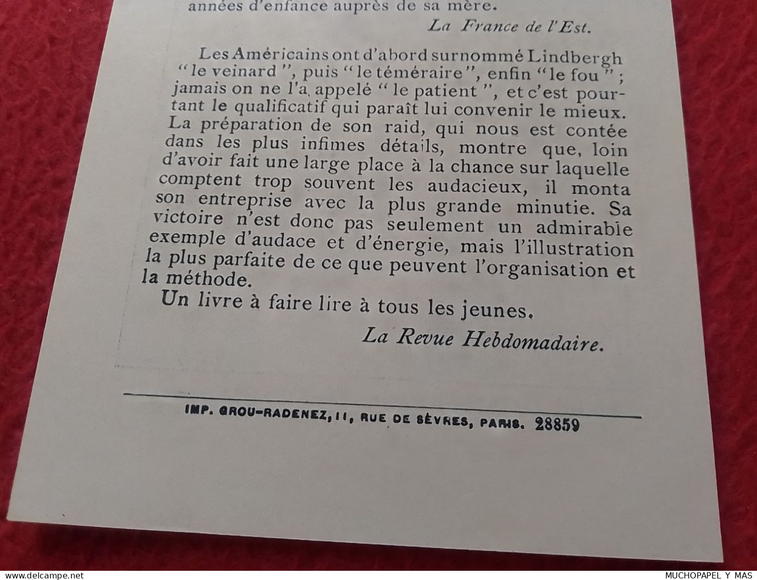 ANTIGUO FOLLETO ESTAMPA O SIMILAR LA VIE DE LINDBERGH FÉLICITÉ PAR LE MARÉCHAL FOCH AVIADOR AVIACIÓN..AVIATION..DOCUMENT - Other & Unclassified